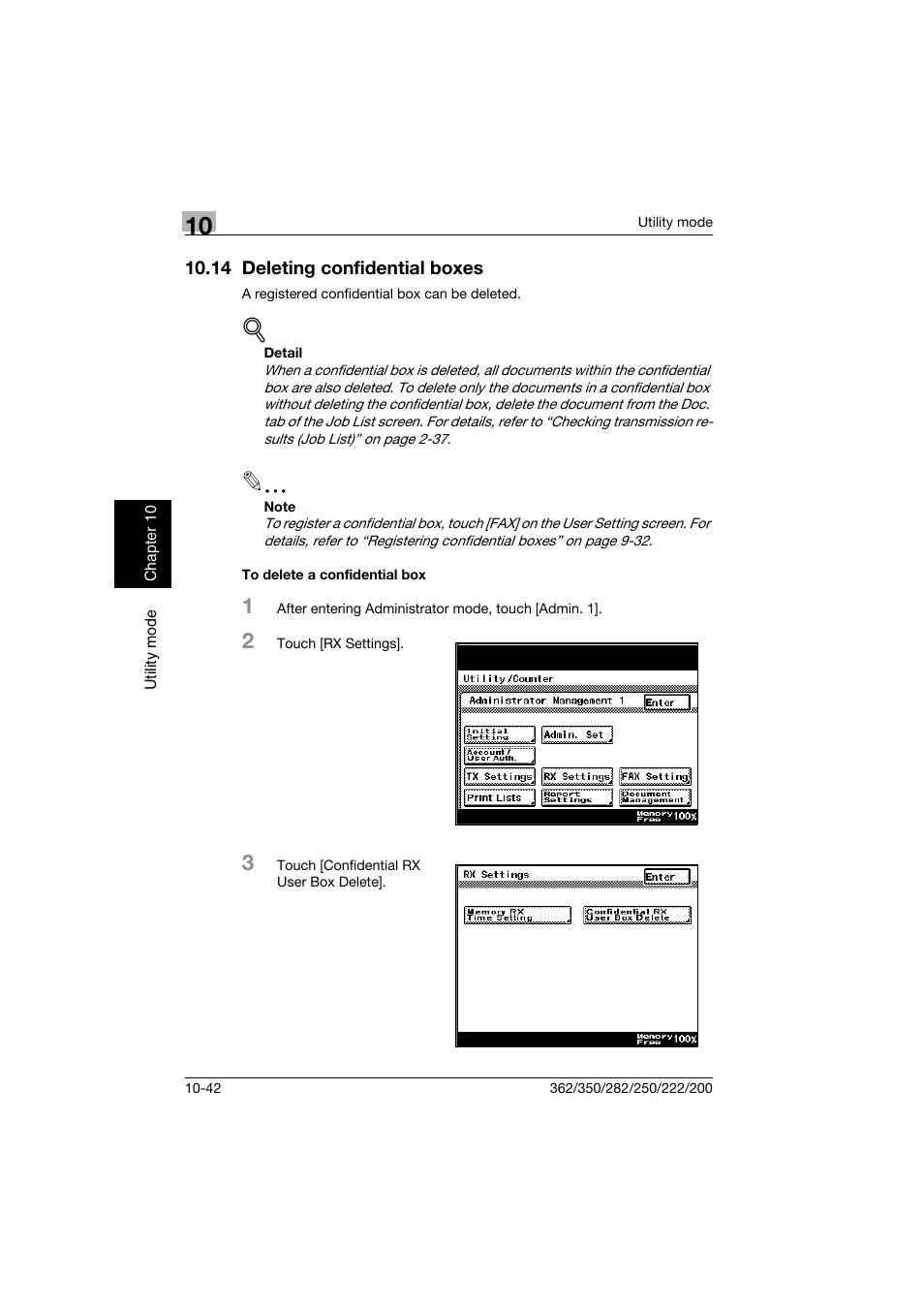 14 deleting confidential boxes, To delete a confidential box, 14 deleting confidential boxes -42 | To delete a confidential box -42 | Konica Minolta bizhub 222 User Manual | Page 225 / 366