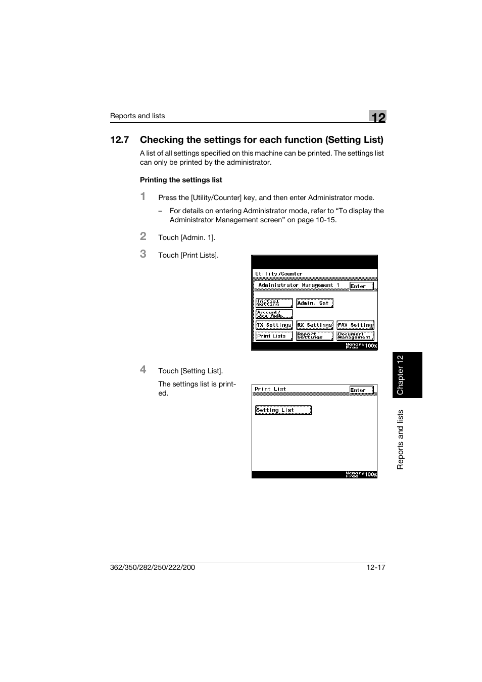 Printing the settings list, Printing the settings list -17 | Konica Minolta bizhub 222 User Manual | Page 350 / 366