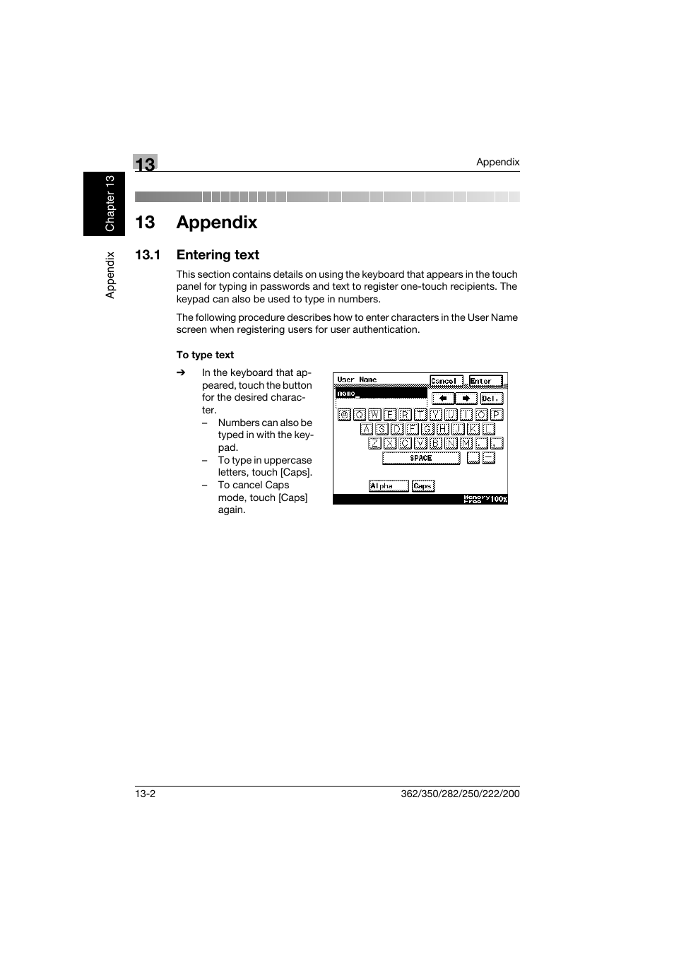 13 appendix, 1 entering text, To type text | Entering text -2, To type text -2 | Konica Minolta bizhub 222 User Manual | Page 353 / 366