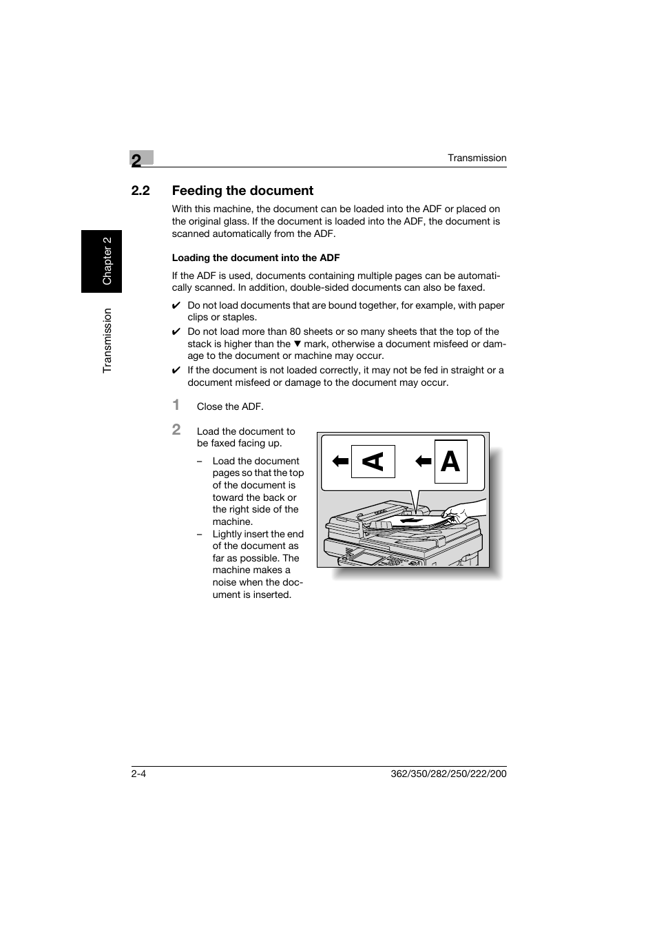 2 feeding the document, Loading the document into the adf, Feeding the document -4 | Loading the document into the adf -4 | Konica Minolta bizhub 222 User Manual | Page 47 / 366