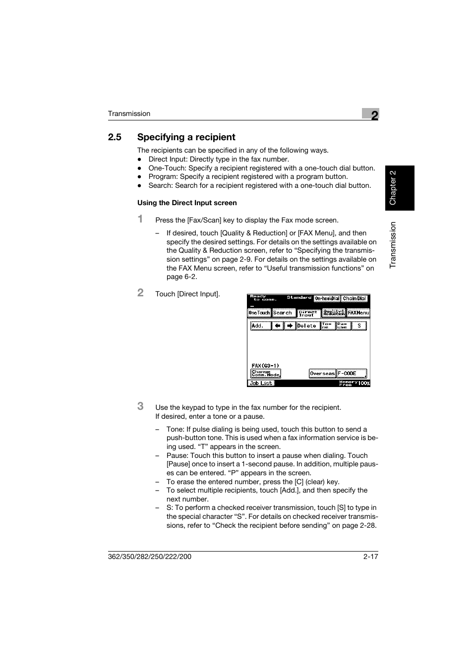 5 specifying a recipient, Using the direct input screen, Specifying a recipient -17 | Using the direct input screen -17 | Konica Minolta bizhub 222 User Manual | Page 60 / 366