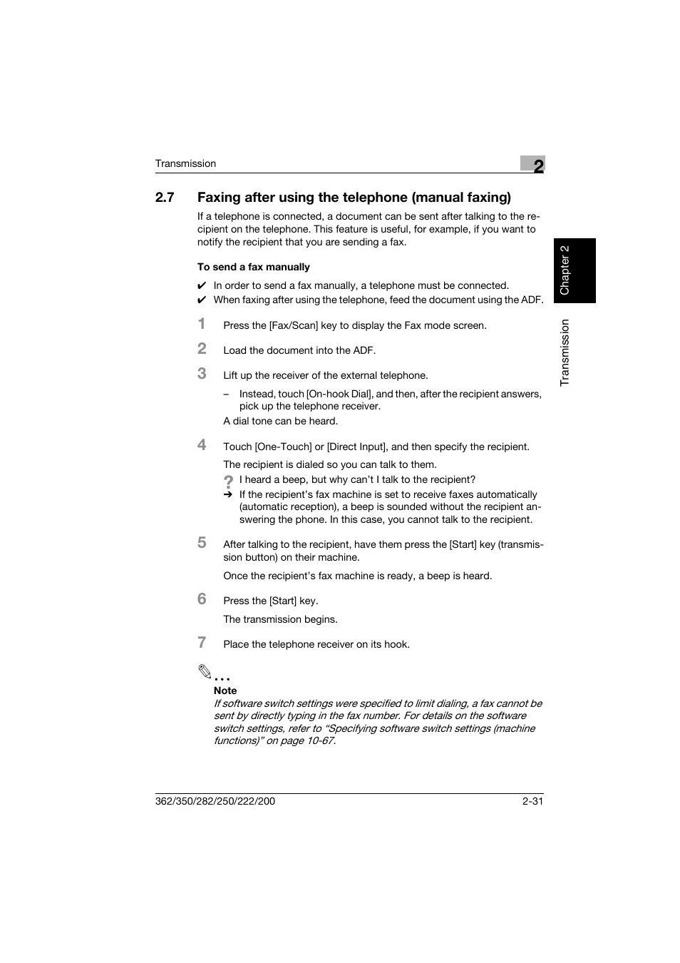 7 faxing after using the telephone (manual faxing), To send a fax manually, To send a fax manually -31 | Konica Minolta bizhub 222 User Manual | Page 74 / 366