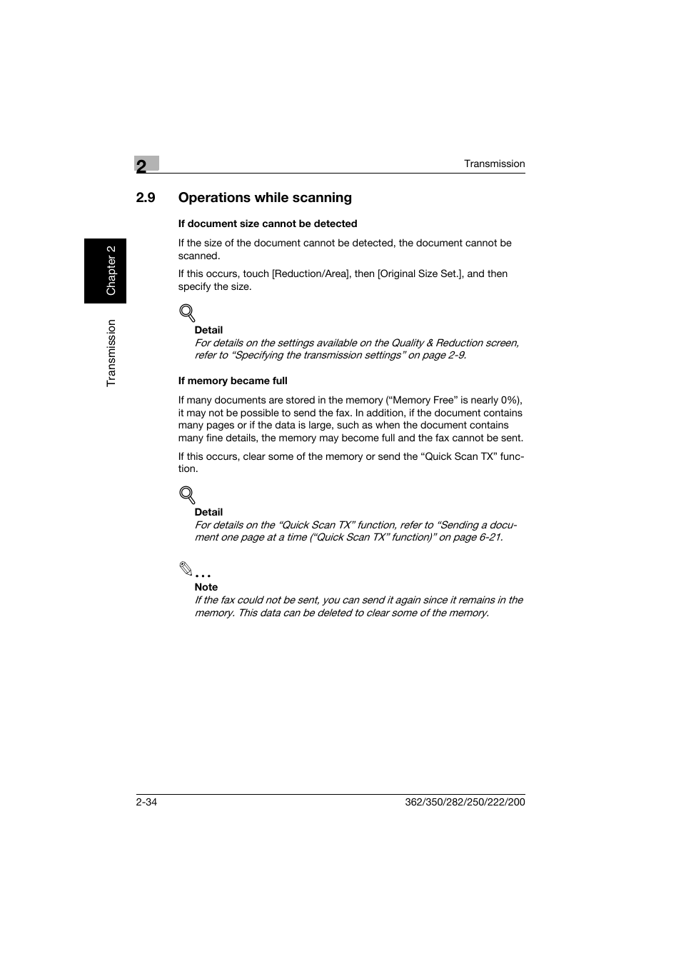 9 operations while scanning, If document size cannot be detected, If memory became full | Operations while scanning -34 | Konica Minolta bizhub 222 User Manual | Page 77 / 366