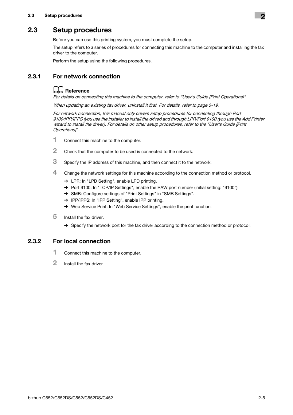 3 setup procedures, 1 for network connection, 2 for local connection | Setup procedures -5, For network connection -5, For local connection -5 | Konica Minolta BIZHUB C652DS User Manual | Page 11 / 73