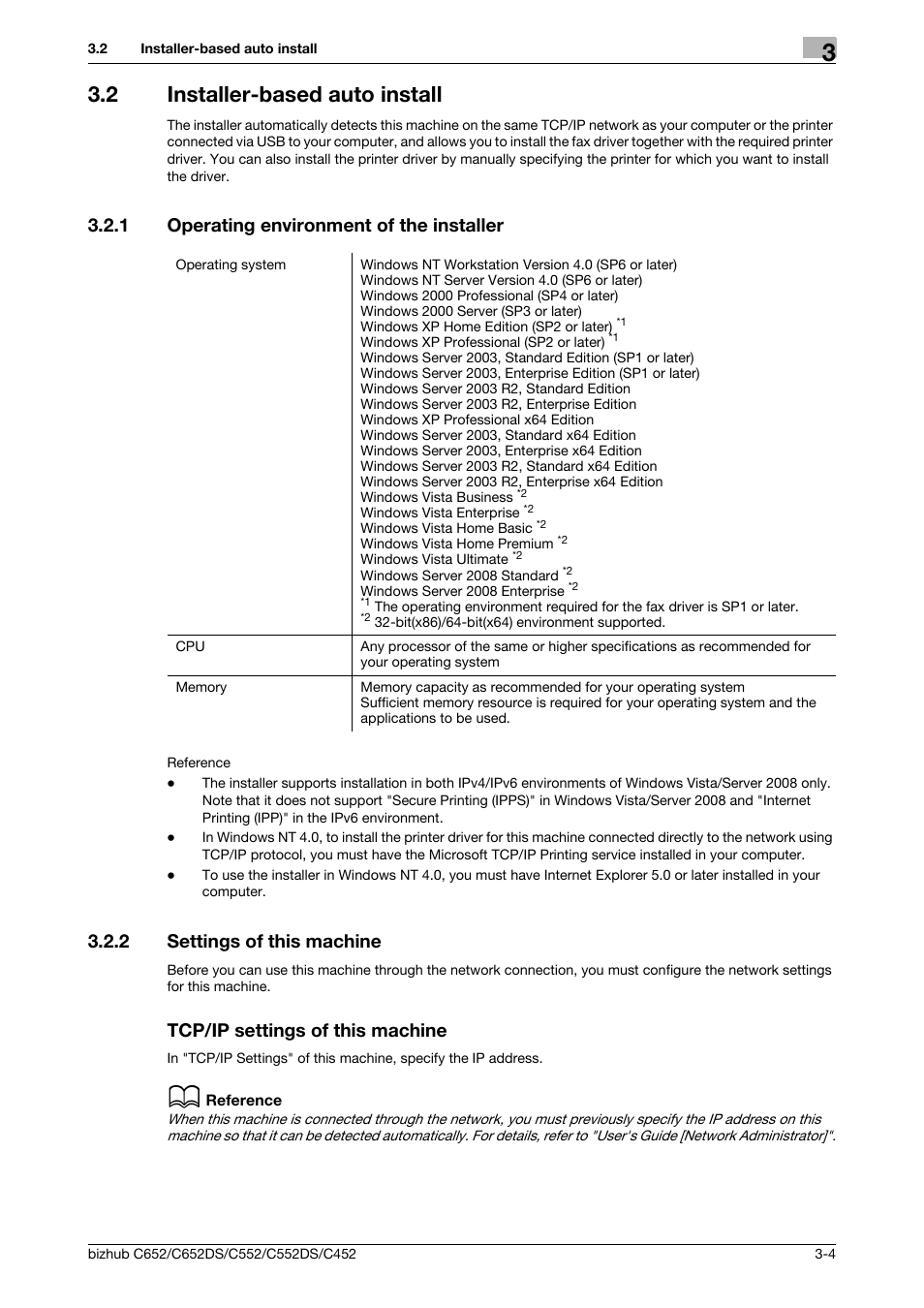 2 installer-based auto install, 1 operating environment of the installer, 2 settings of this machine | Tcp/ip settings of this machine, Installer-based auto install -4, Operating environment of the installer -4, P. 3-4 | Konica Minolta BIZHUB C652DS User Manual | Page 15 / 73