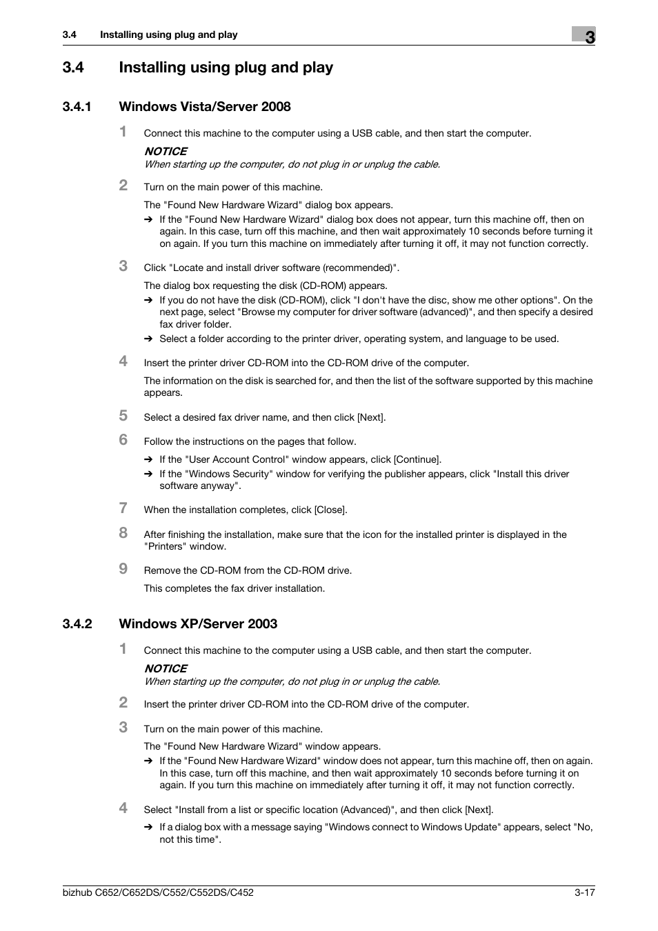 4 installing using plug and play, 1 windows vista/server 2008, 2 windows xp/server 2003 | Installing using plug and play -17, Windows vista/server 2008 -17, Windows xp/server 2003 -17, P. 3-17 | Konica Minolta BIZHUB C652DS User Manual | Page 28 / 73