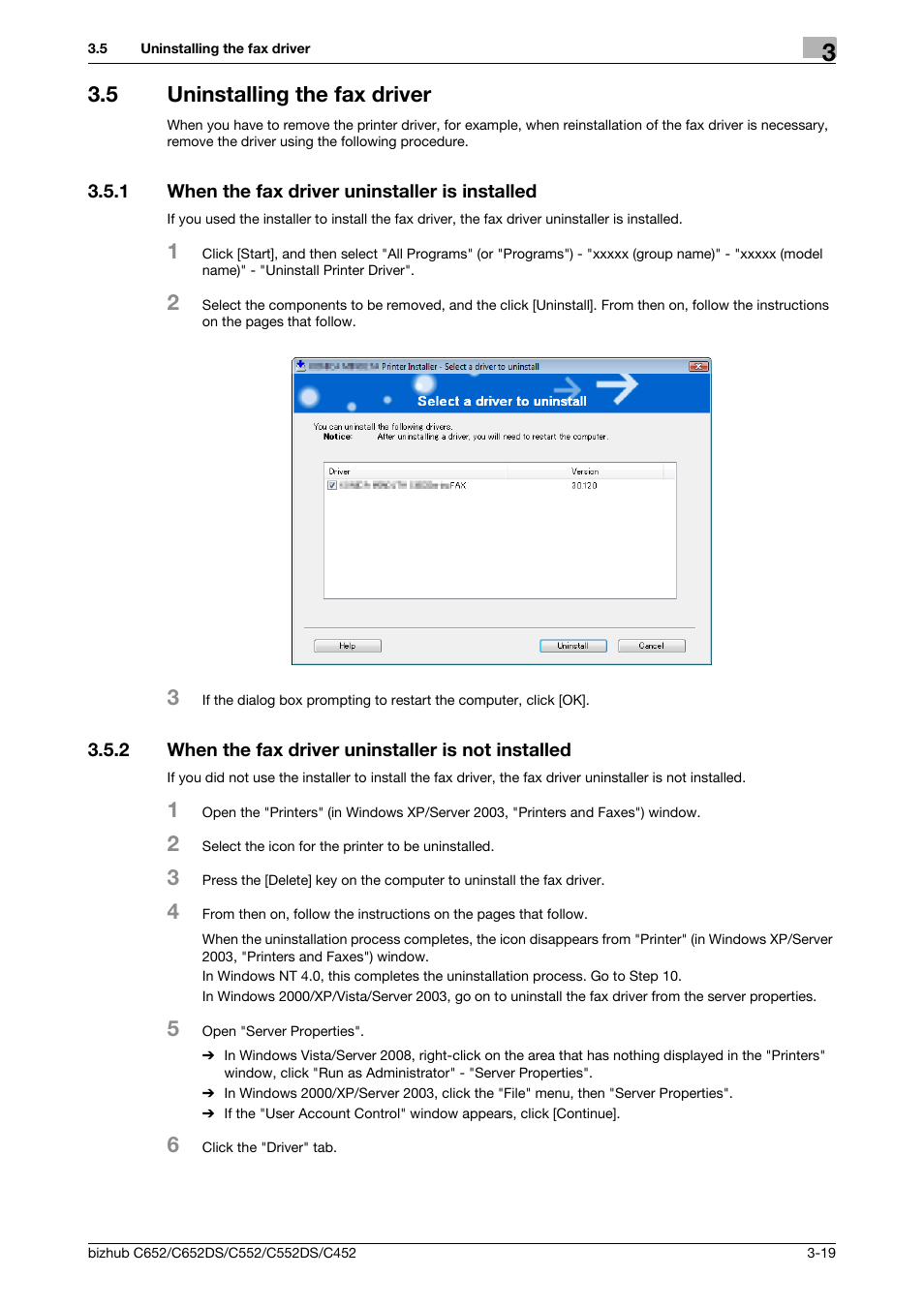 5 uninstalling the fax driver, 1 when the fax driver uninstaller is installed, 2 when the fax driver uninstaller is not installed | Uninstalling the fax driver -19, When the fax driver uninstaller is installed -19 | Konica Minolta BIZHUB C652DS User Manual | Page 30 / 73