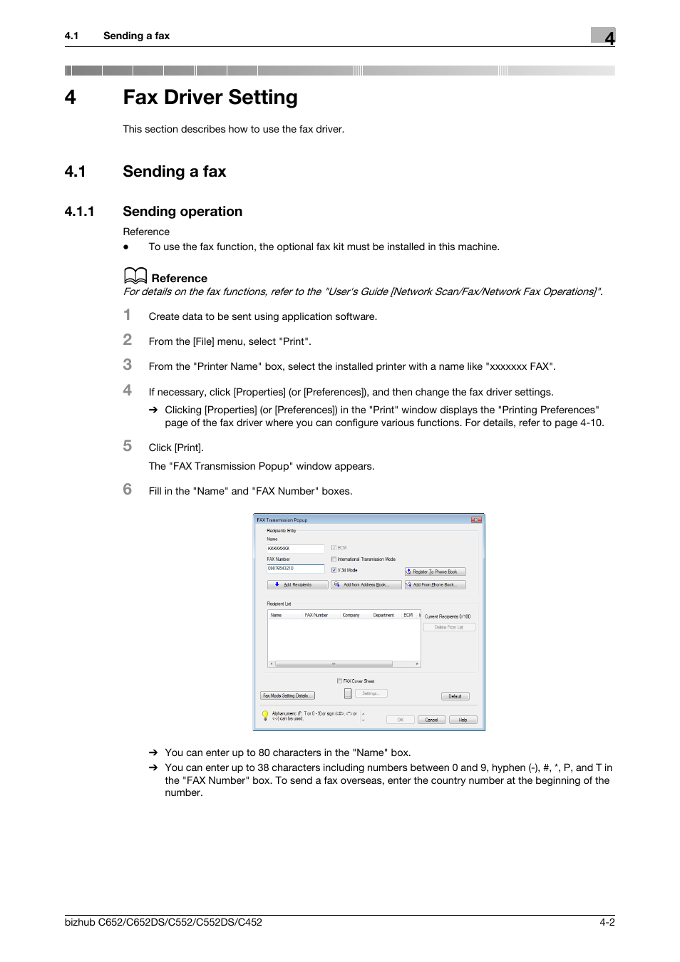 4 fax driver setting, 1 sending a fax, 1 sending operation | Fax driver setting, Sending a fax -2, Sending operation -2, 4fax driver setting | Konica Minolta BIZHUB C652DS User Manual | Page 33 / 73