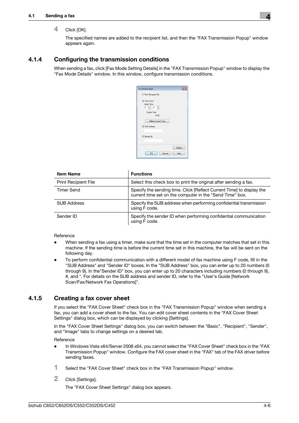 4 configuring the transmission conditions, 5 creating a fax cover sheet, Configuring the transmission conditions -6 | Creating a fax cover sheet -6 | Konica Minolta BIZHUB C652DS User Manual | Page 37 / 73