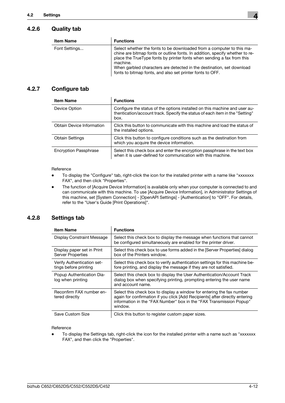 6 quality tab, 7 configure tab, 8 settings tab | Quality tab -12, Configure tab -12, Settings tab -12, 6 quality tab 4.2.7 configure tab | Konica Minolta BIZHUB C652DS User Manual | Page 43 / 73