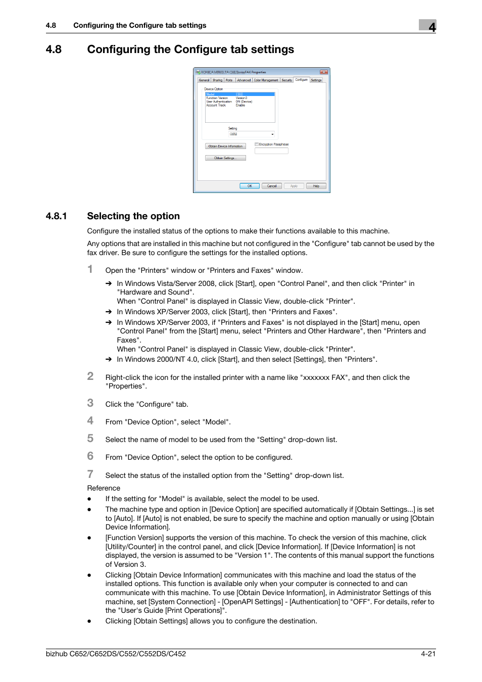 8 configuring the configure tab settings, 1 selecting the option, Configuring the configure tab settings -21 | Selecting the option -21 | Konica Minolta BIZHUB C652DS User Manual | Page 52 / 73