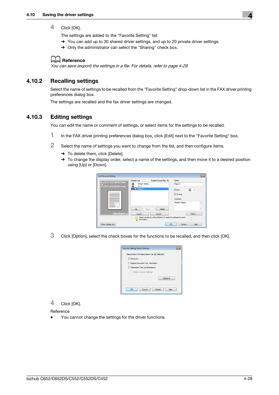 2 recalling settings, 3 editing settings, Recalling settings -28 | Editing settings -28 | Konica Minolta BIZHUB C652DS User Manual | Page 59 / 73