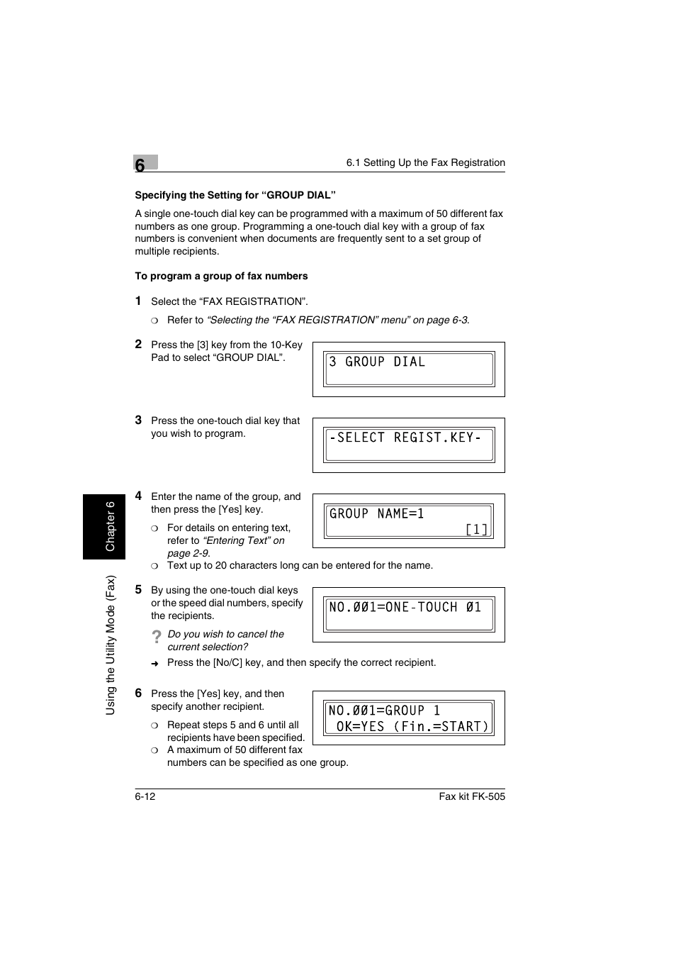 Specifying the setting for “group dial, To program a group of fax numbers | Konica Minolta FK-505 User Manual | Page 111 / 190