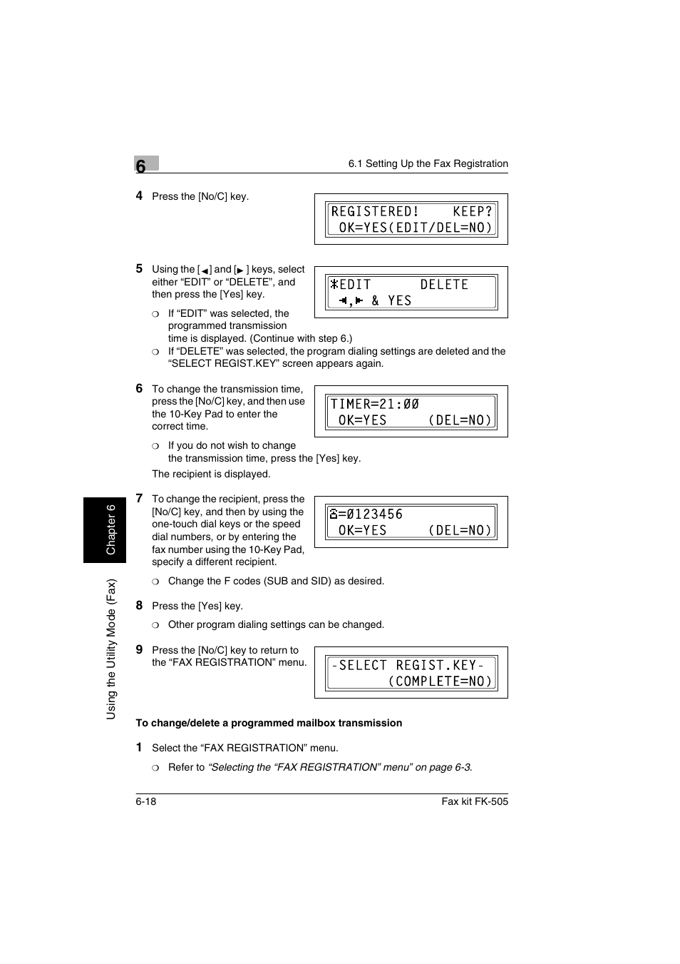 To change/delete a programmed mailbox transmission | Konica Minolta FK-505 User Manual | Page 117 / 190