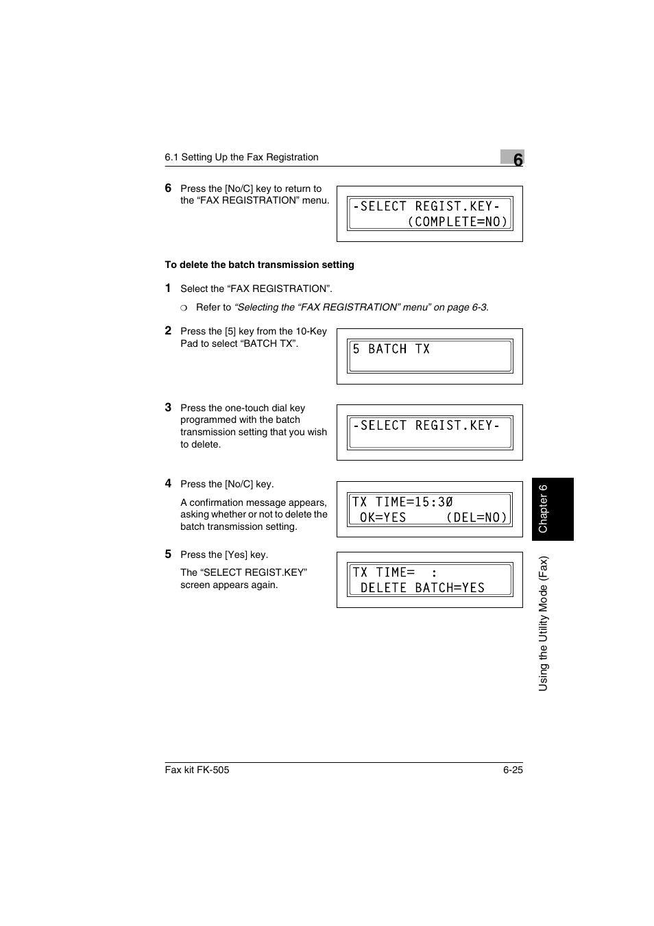 To delete the batch transmission setting, To delete the batch transmission setting -25 | Konica Minolta FK-505 User Manual | Page 124 / 190