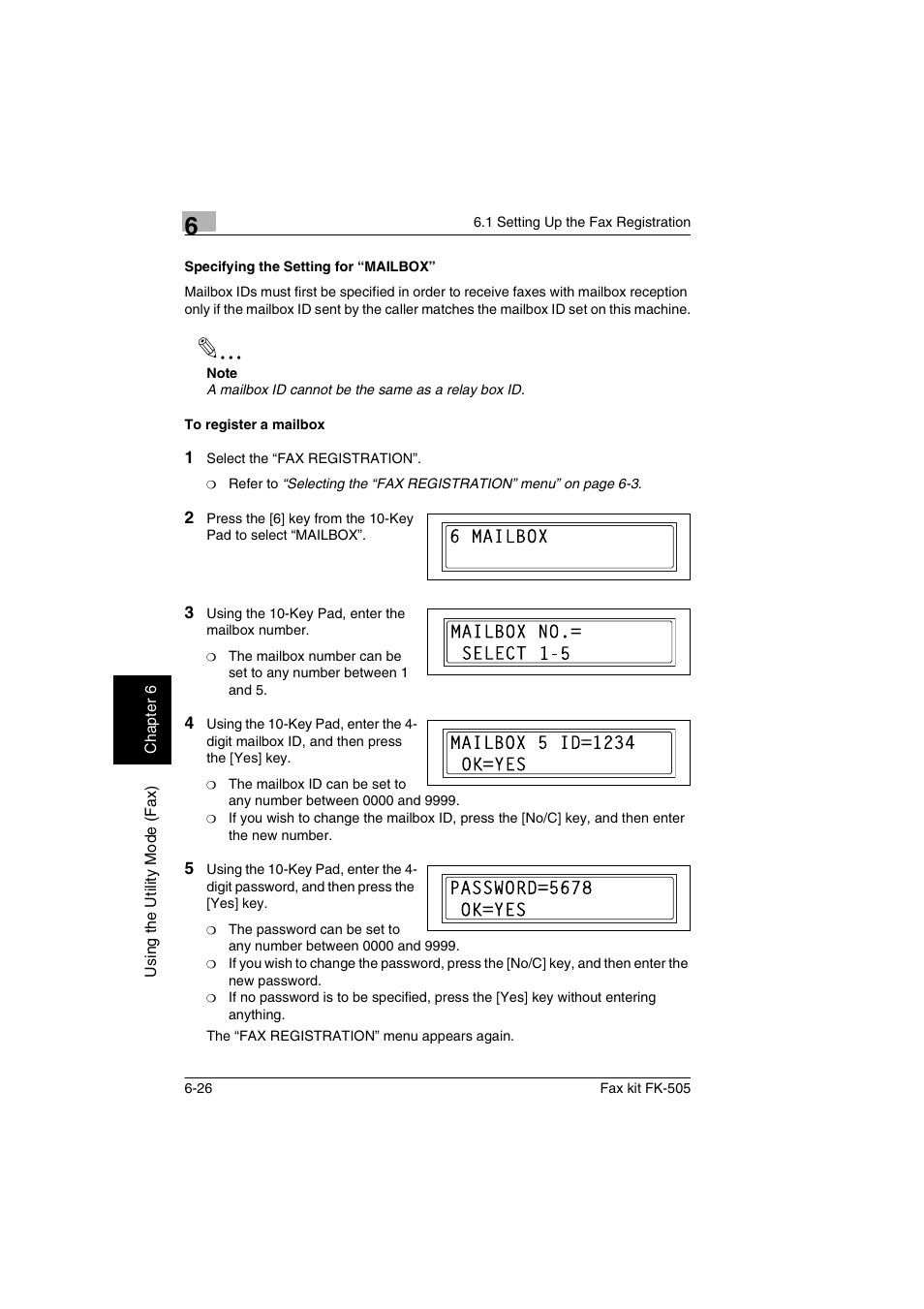 Specifying the setting for “mailbox, To register a mailbox | Konica Minolta FK-505 User Manual | Page 125 / 190