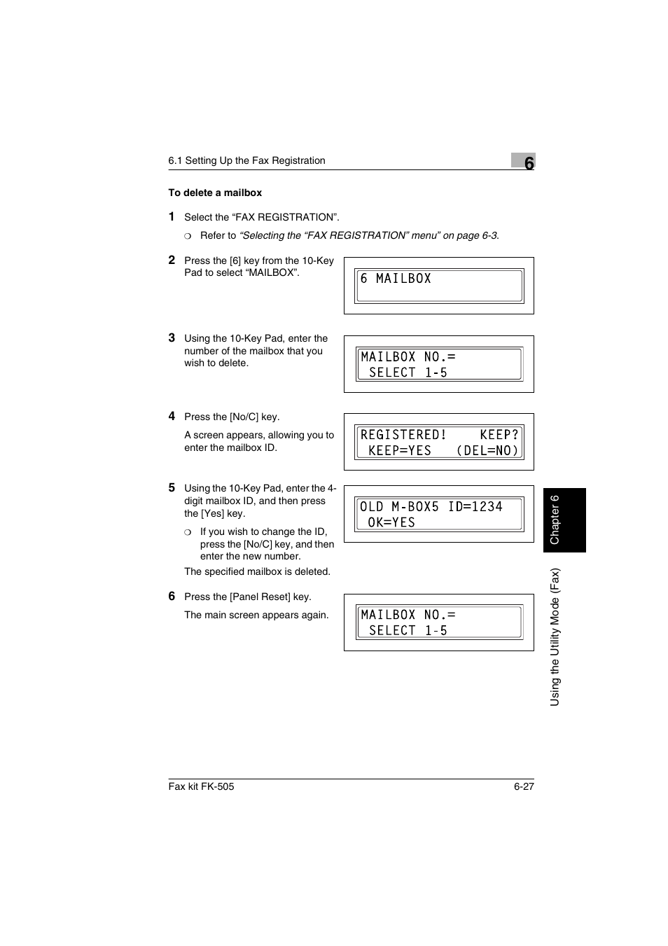 To delete a mailbox, To delete a mailbox -27 | Konica Minolta FK-505 User Manual | Page 126 / 190