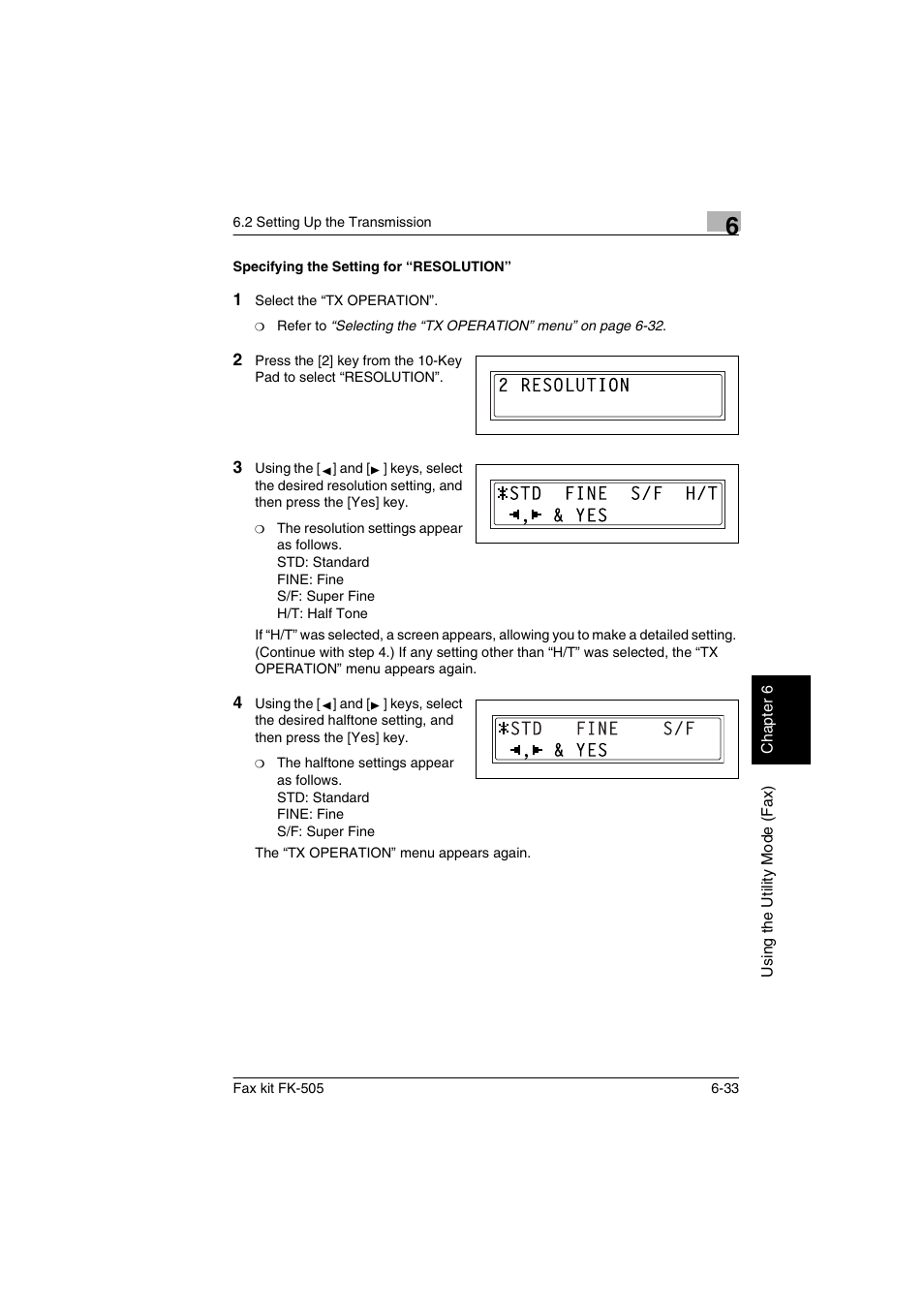 Specifying the setting for “resolution, Specifying the setting for “resolution” -33 | Konica Minolta FK-505 User Manual | Page 132 / 190