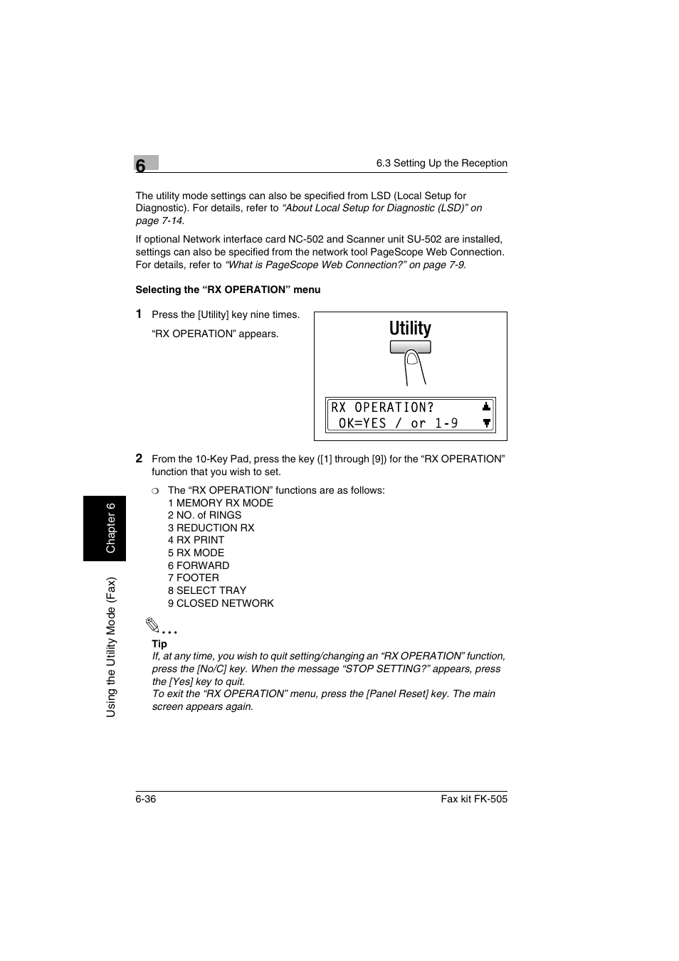 Selecting the “rx operation” menu, Selecting the “rx operation” menu -36 | Konica Minolta FK-505 User Manual | Page 135 / 190