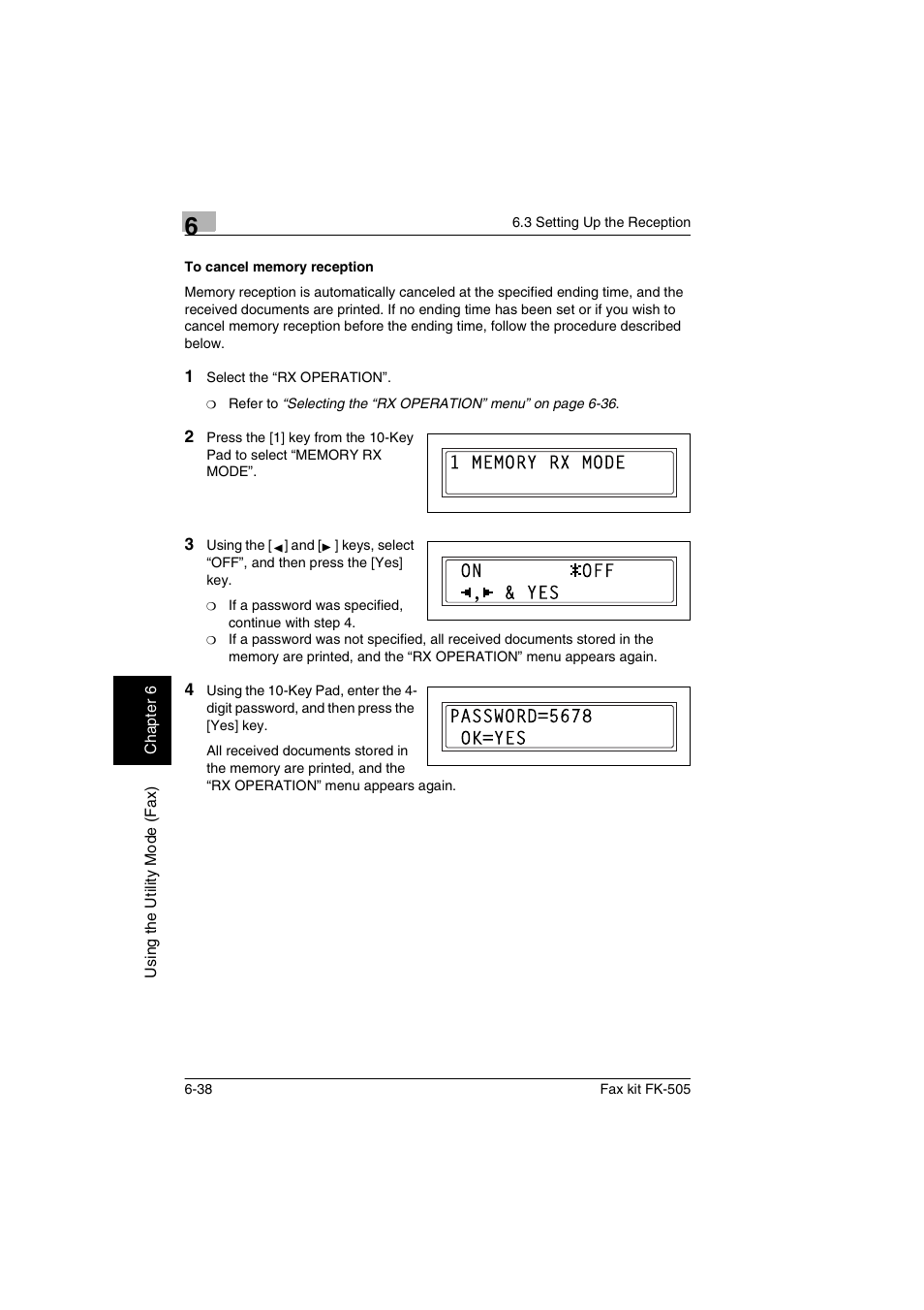 To cancel memory reception, To cancel memory reception -38 | Konica Minolta FK-505 User Manual | Page 137 / 190