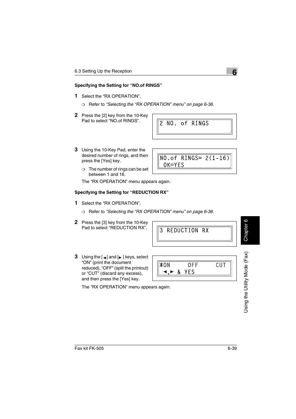 Specifying the setting for “no.of rings, Specifying the setting for “reduction rx | Konica Minolta FK-505 User Manual | Page 138 / 190