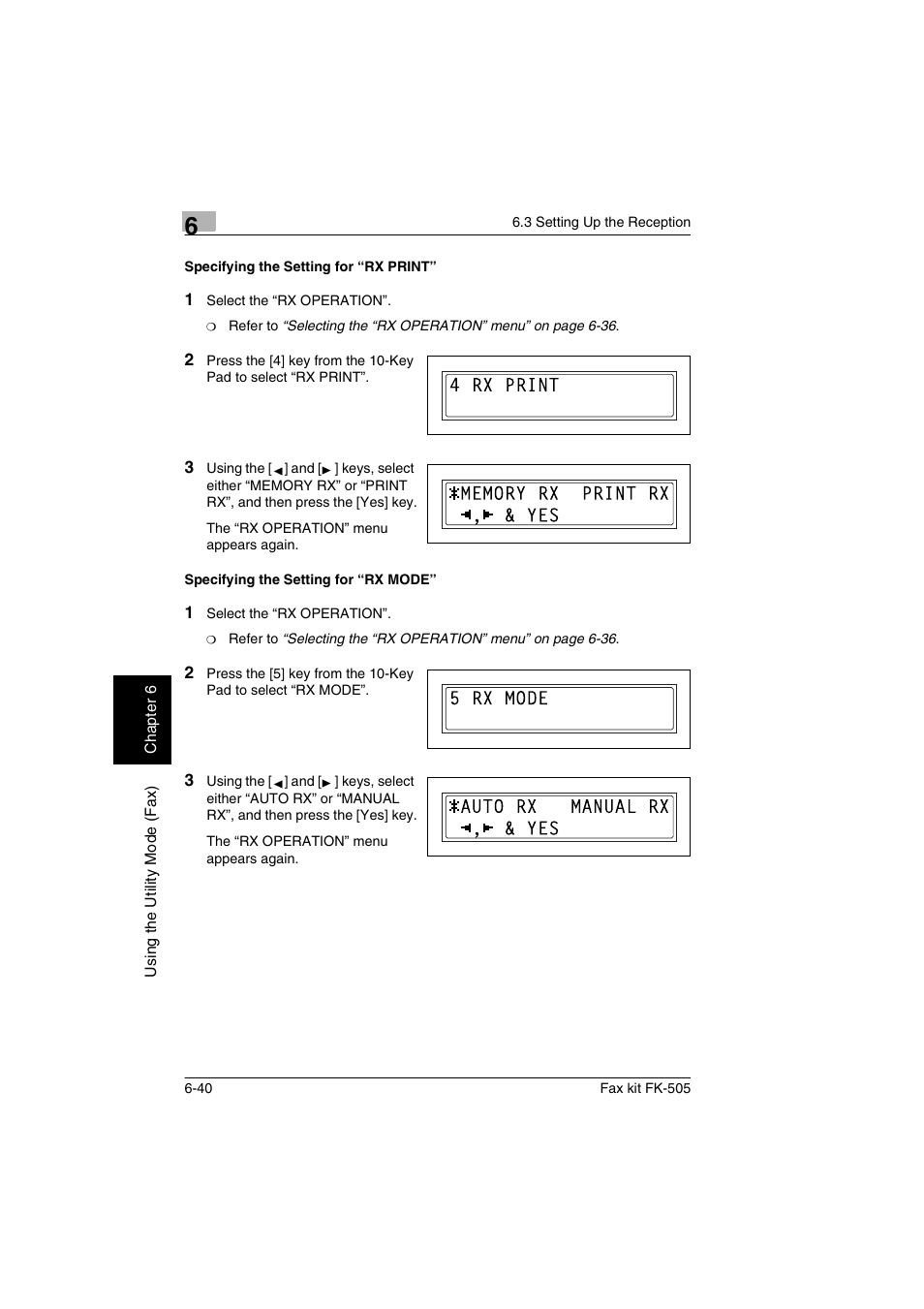 Specifying the setting for “rx print, Specifying the setting for “rx mode | Konica Minolta FK-505 User Manual | Page 139 / 190