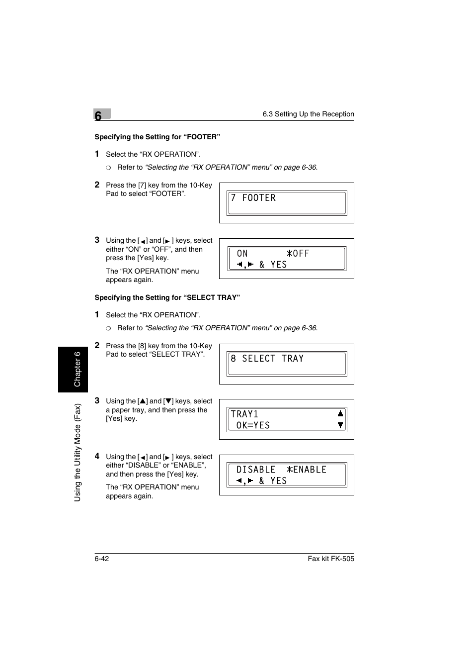 Specifying the setting for “footer, Specifying the setting for “select tray | Konica Minolta FK-505 User Manual | Page 141 / 190