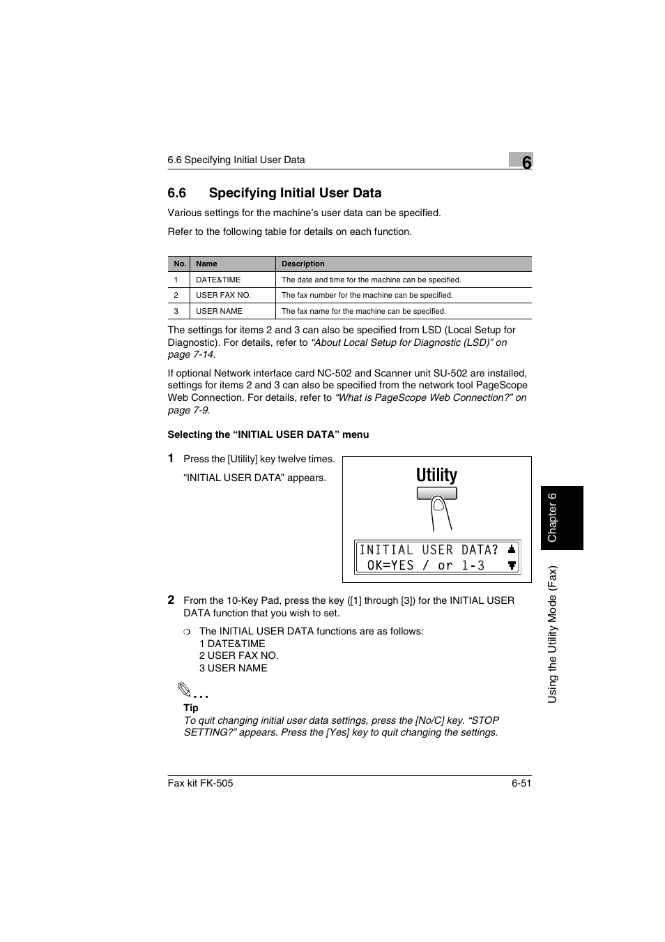 6 specifying initial user data, Selecting the “initial user data” menu, Specifying initial user data -51 | Selecting the “initial user data” menu -51 | Konica Minolta FK-505 User Manual | Page 150 / 190