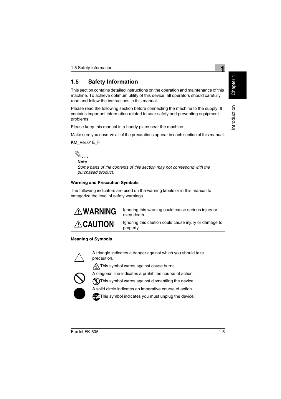 5 safety information, Warning and precaution symbols, Meaning of symbols | Safety information -5, Warning, Caution | Konica Minolta FK-505 User Manual | Page 16 / 190