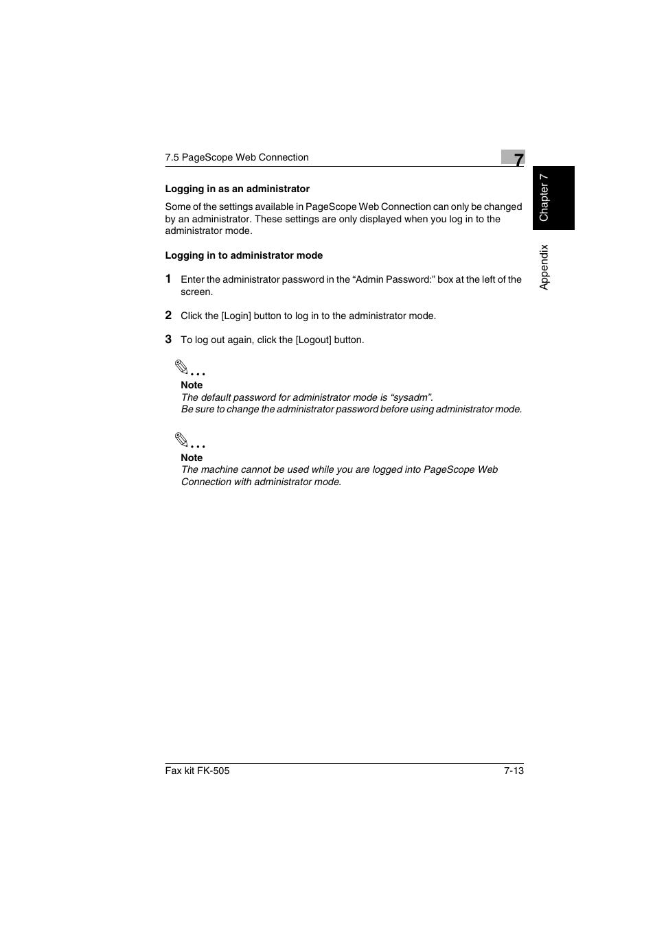 Logging in as an administrator, Logging in to administrator mode | Konica Minolta FK-505 User Manual | Page 168 / 190