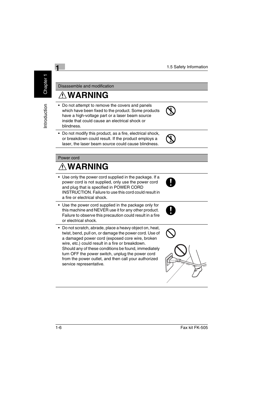 Warning | Konica Minolta FK-505 User Manual | Page 17 / 190