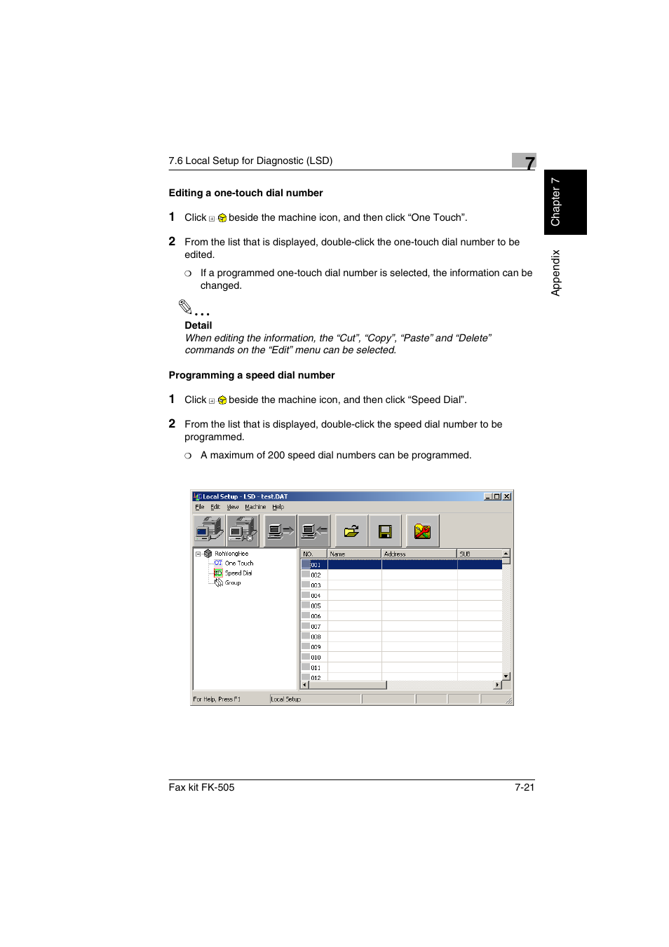 Editing a one-touch dial number, Programming a speed dial number | Konica Minolta FK-505 User Manual | Page 176 / 190