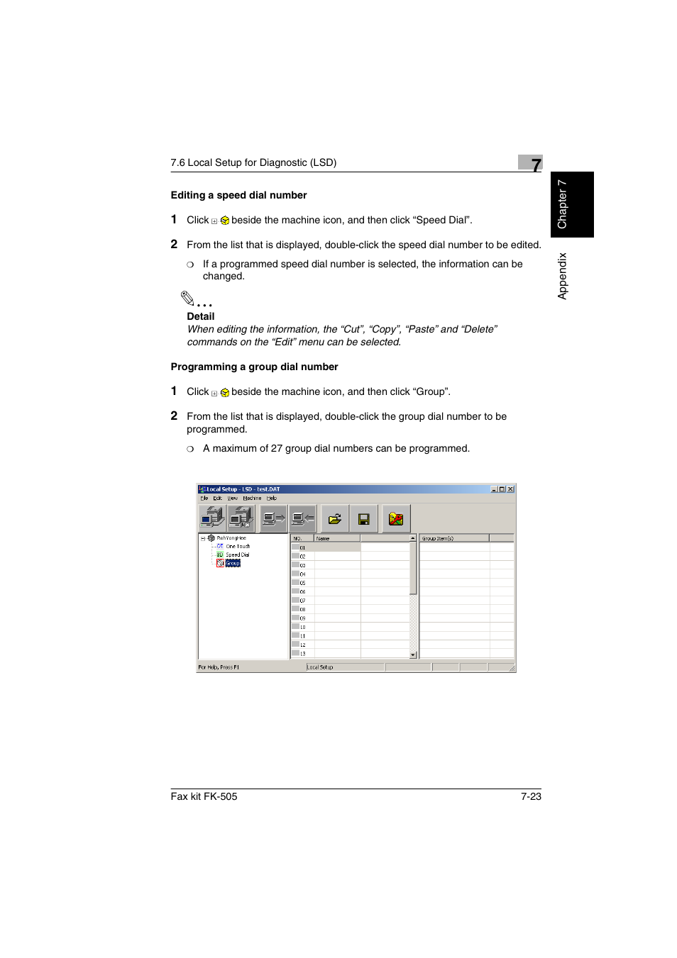 Editing a speed dial number, Programming a group dial number | Konica Minolta FK-505 User Manual | Page 178 / 190