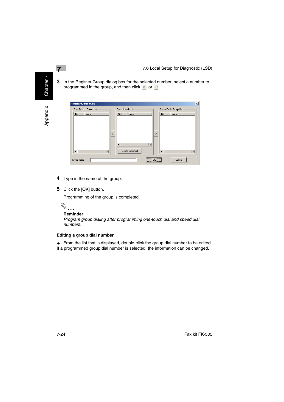 Editing a group dial number, Editing a group dial number -24 | Konica Minolta FK-505 User Manual | Page 179 / 190