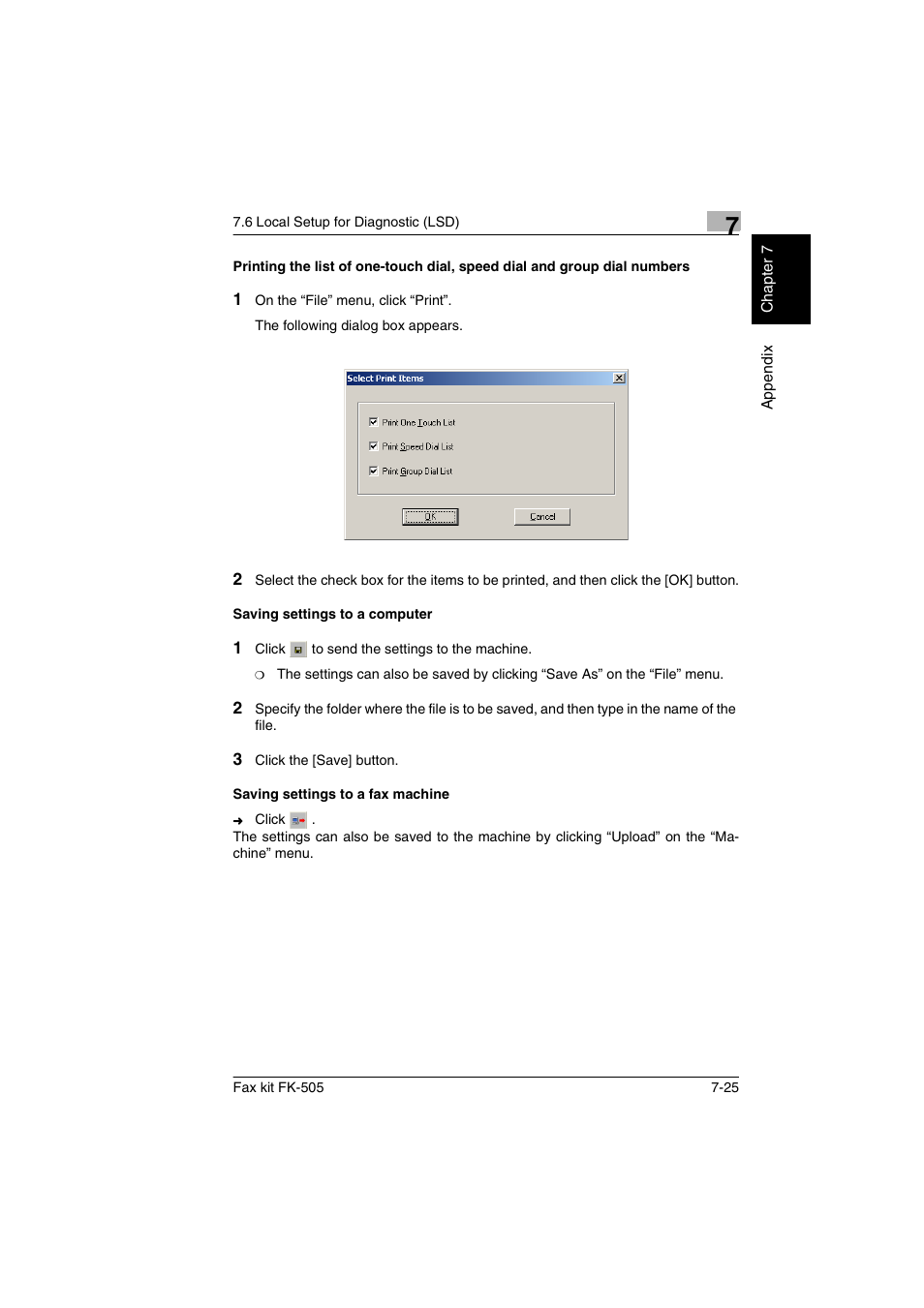 Saving settings to a computer, Saving settings to a fax machine | Konica Minolta FK-505 User Manual | Page 180 / 190