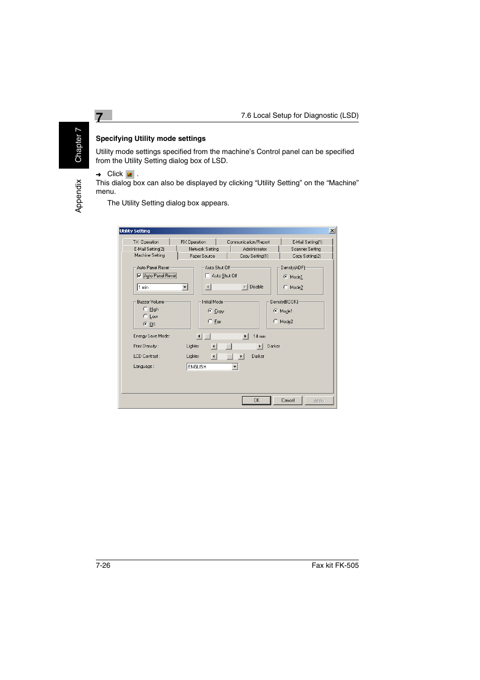 Specifying utility mode settings, Specifying utility mode settings -26 | Konica Minolta FK-505 User Manual | Page 181 / 190