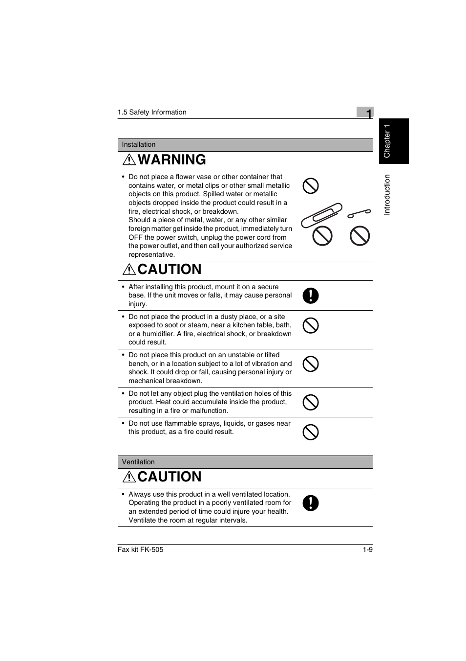 Warning, Caution | Konica Minolta FK-505 User Manual | Page 20 / 190