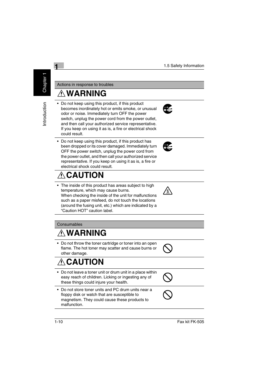 Warning, Caution | Konica Minolta FK-505 User Manual | Page 21 / 190