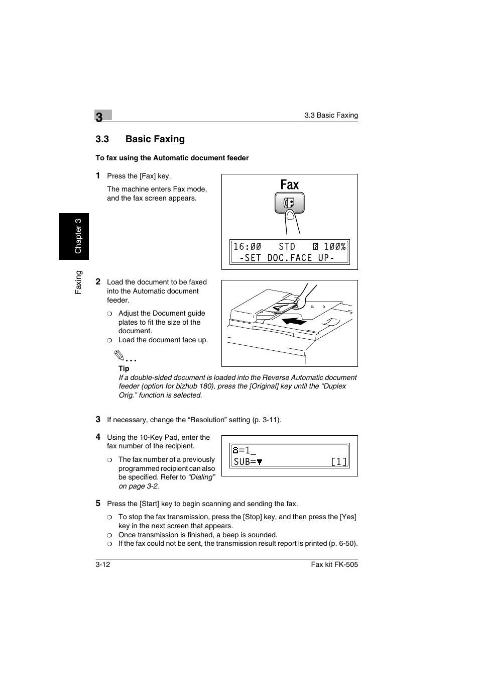 3 basic faxing, To fax using the automatic document feeder, Basic faxing -12 | To fax using the automatic document feeder -12 | Konica Minolta FK-505 User Manual | Page 51 / 190