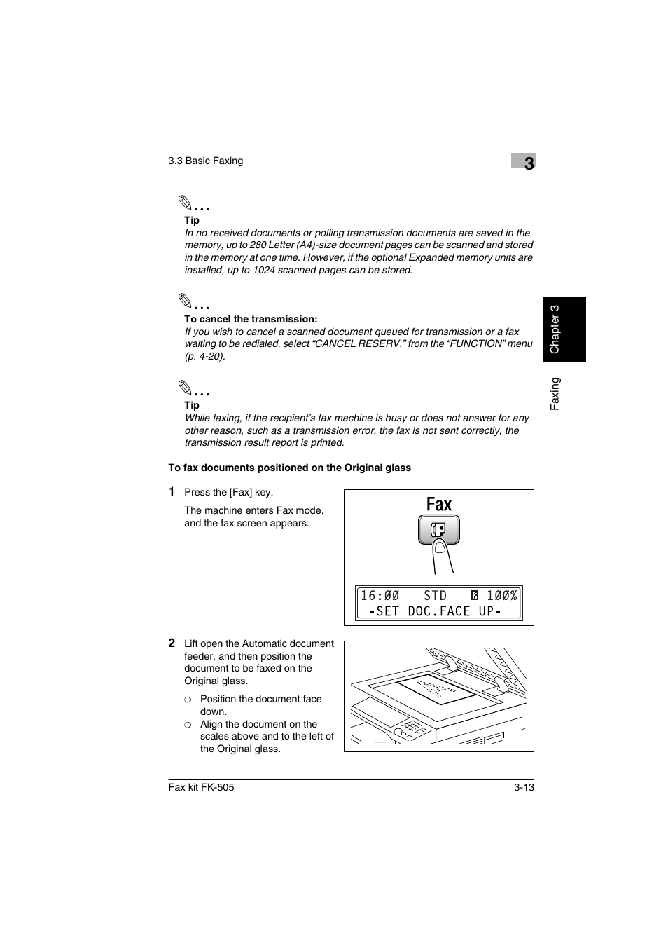 To fax documents positioned on the original glass | Konica Minolta FK-505 User Manual | Page 52 / 190