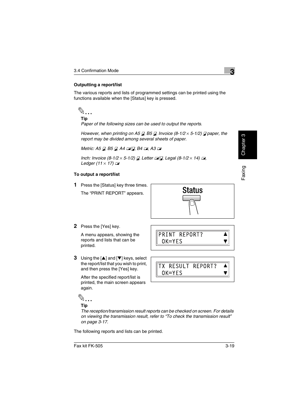 Outputting a report/list, To output a report/list | Konica Minolta FK-505 User Manual | Page 58 / 190