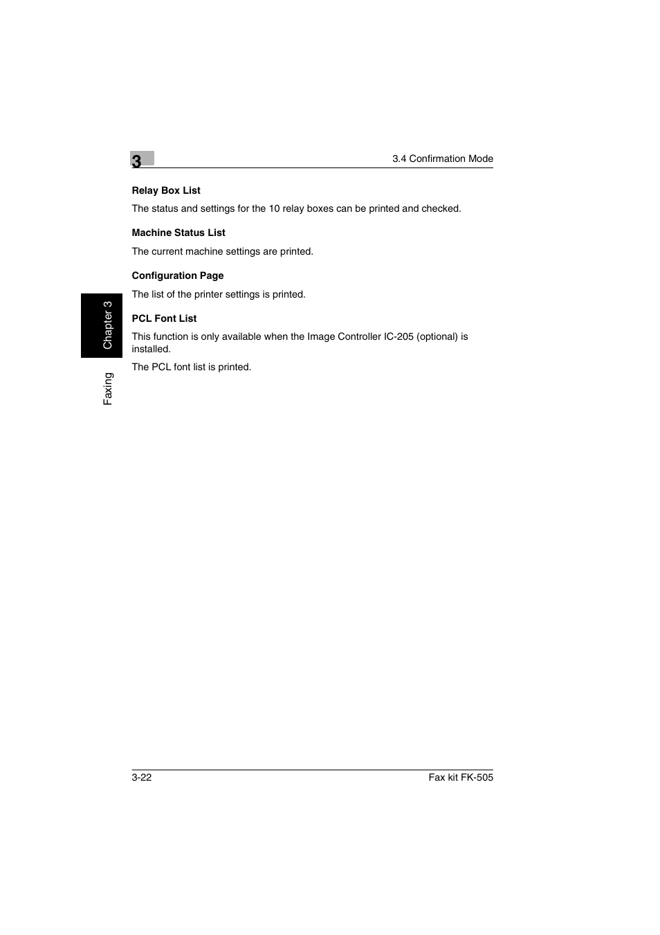 Relay box list, Machine status list, Pcl font list | Konica Minolta FK-505 User Manual | Page 61 / 190