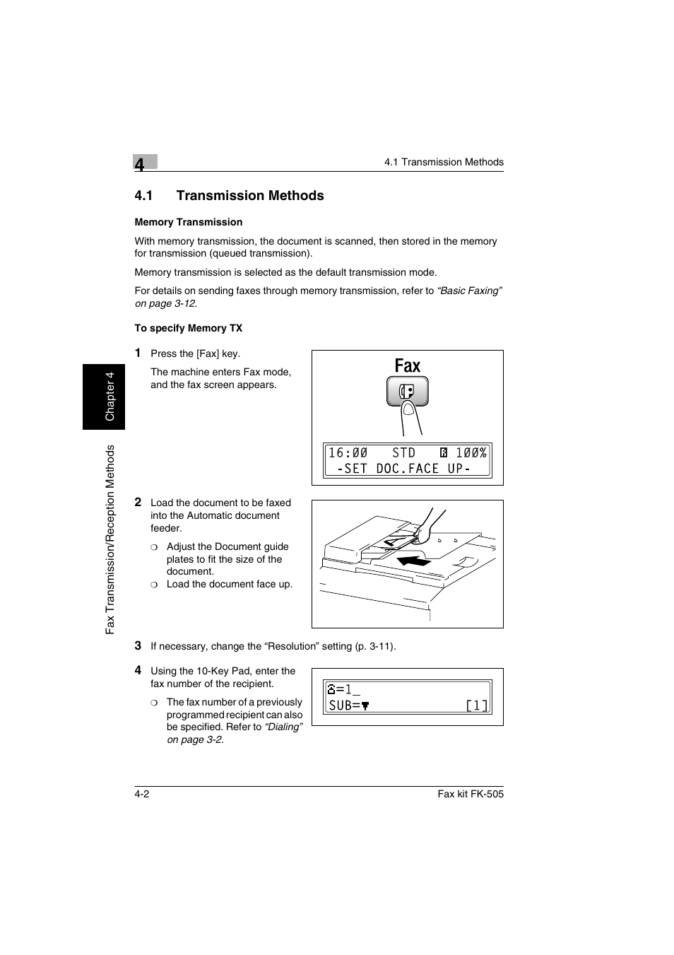 1 transmission methods, Memory transmission, To specify memory tx | Transmission methods -2, Memory transmission -2 to specify memory tx -2 | Konica Minolta FK-505 User Manual | Page 63 / 190