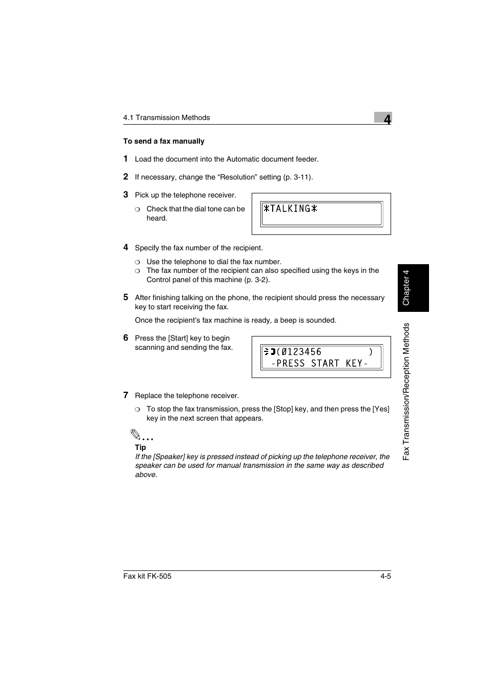 To send a fax manually, To send a fax manually -5 | Konica Minolta FK-505 User Manual | Page 66 / 190