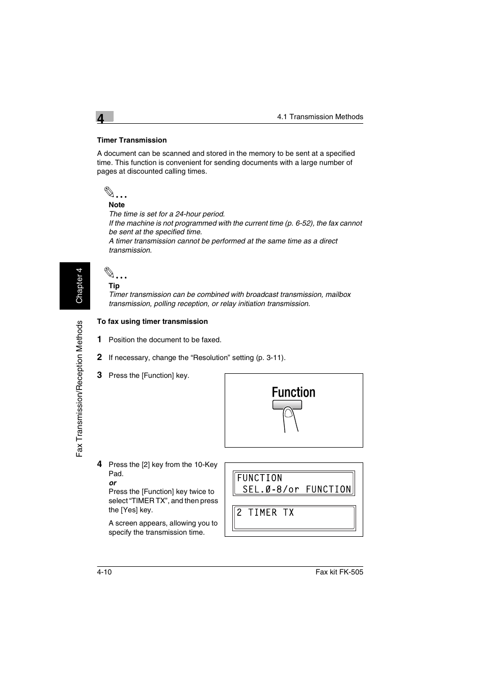 Timer transmission, To fax using timer transmission | Konica Minolta FK-505 User Manual | Page 71 / 190