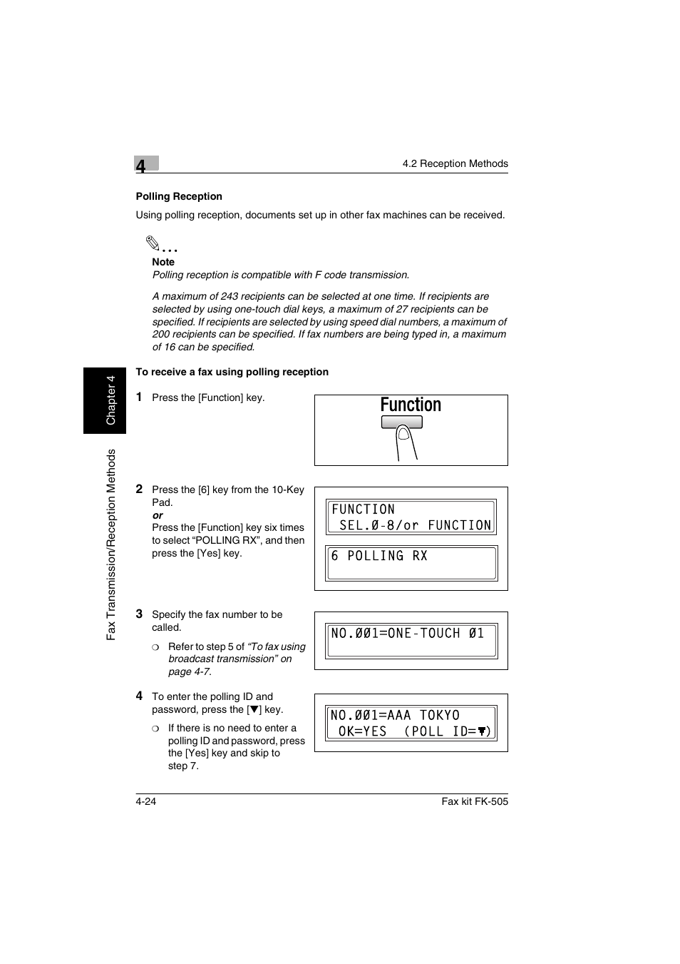 Polling reception, To receive a fax using polling reception | Konica Minolta FK-505 User Manual | Page 85 / 190