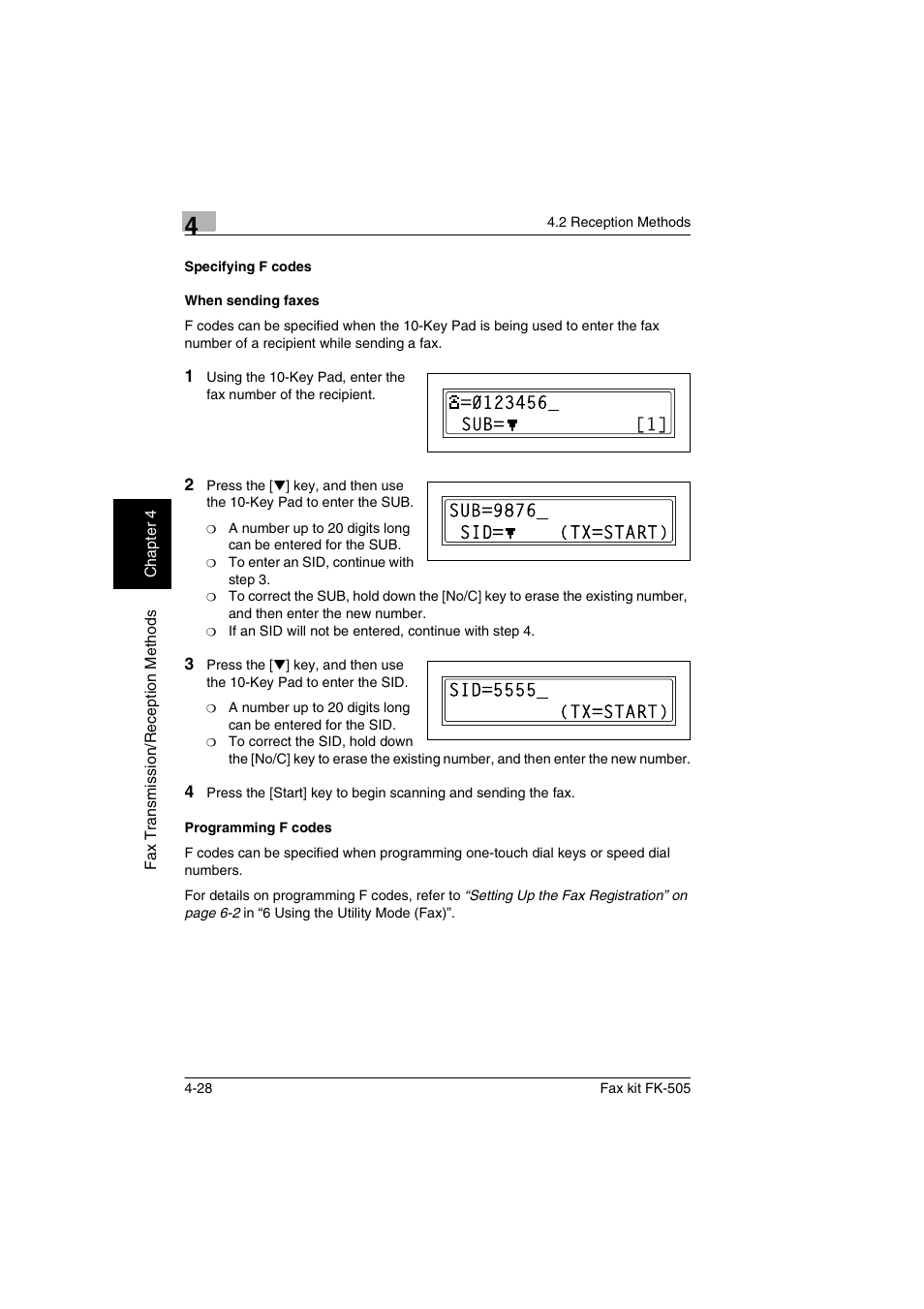 Specifying f codes, When sending faxes, Programming f codes | Konica Minolta FK-505 User Manual | Page 89 / 190