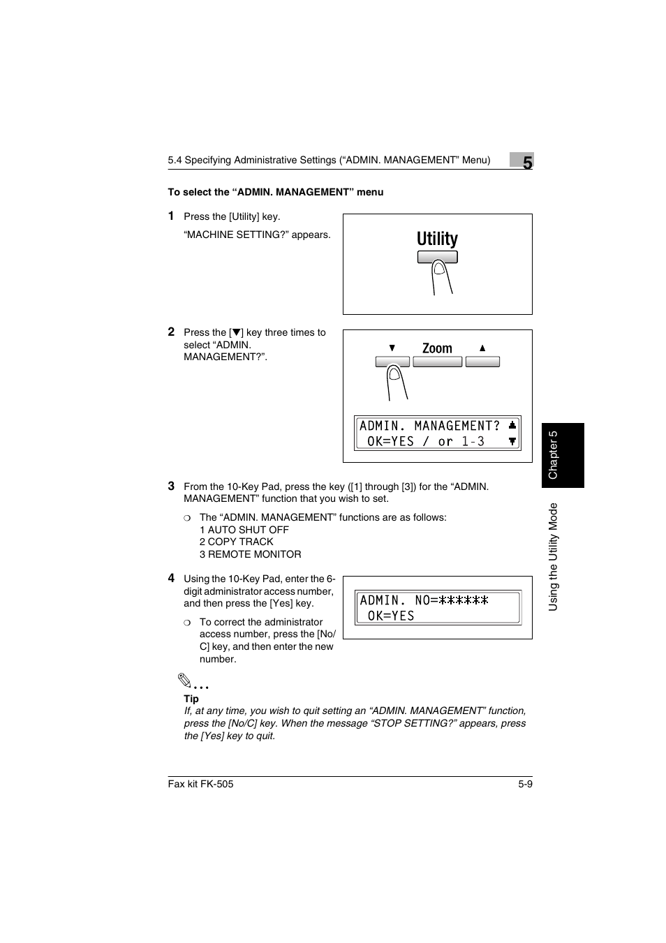 To select the “admin. management” menu, To select the “admin. management” menu -9 | Konica Minolta FK-505 User Manual | Page 98 / 190