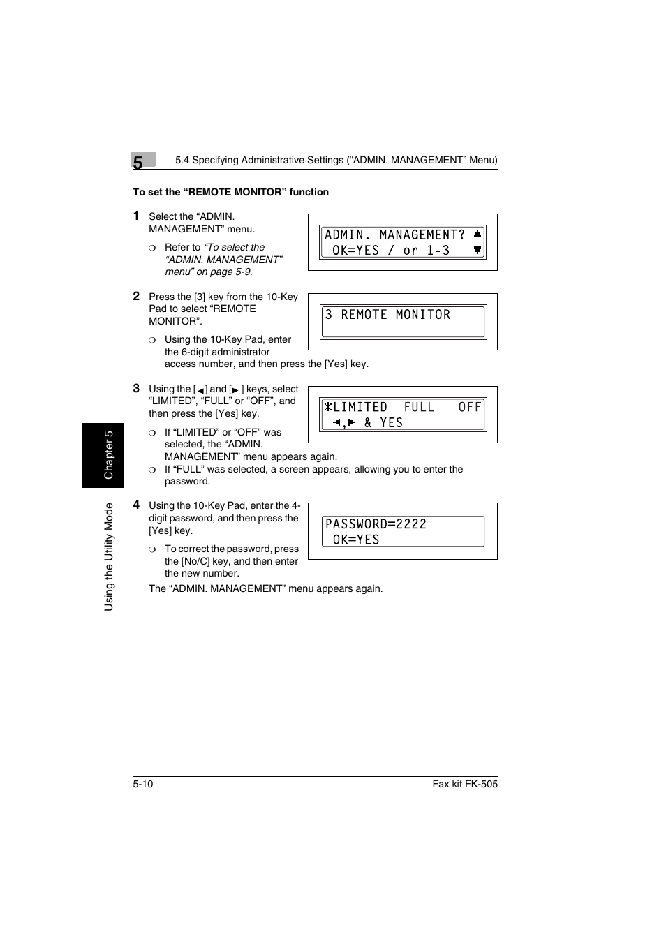 To set the “remote monitor” function, To set the “remote monitor” function -10 | Konica Minolta FK-505 User Manual | Page 99 / 190