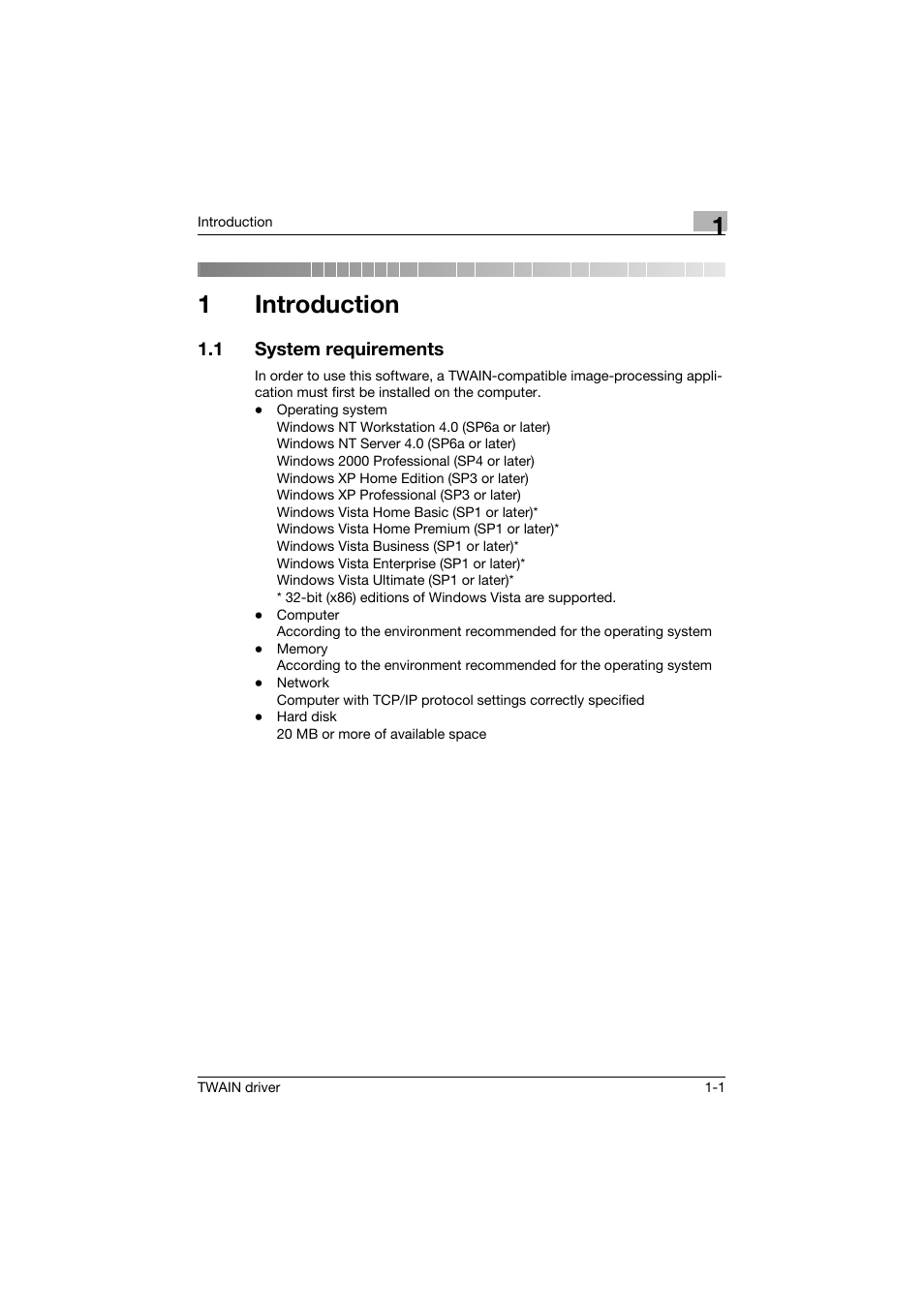 1 introduction, 1 system requirements, Introduction | System requirements -1, 1introduction | Konica Minolta bizhub PRO 1200 User Manual | Page 7 / 31